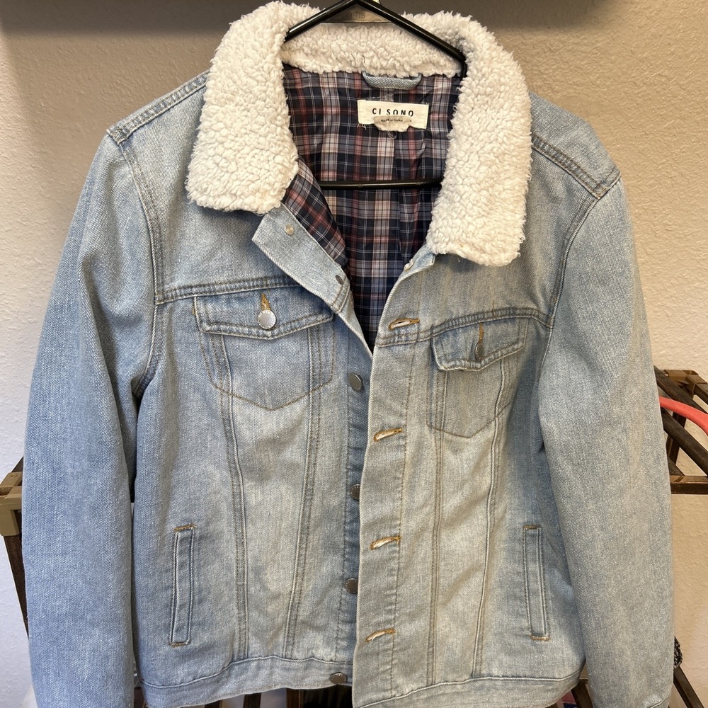 Sherpa Collar, Plaid Lined Acid Washed 90s Jean Jacket Women's L Y2K denim Retro